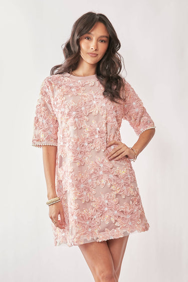 FLORAL EMBROIDERY SEQUINED MESH MINI DRESS